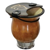Kit Chimarrão Cuia Média Para Pequena Com Pé De Metal Bocal Queimado Lisa Natural Protetor De Erva Couro