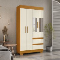 Guarda-Roupa Solteiro Maya 4 Portas 2 Gavetas com Espelho Off White/Cinamomo - Acp Móveis