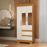 Guarda-Roupa Solteiro Maya 3 Portas 2 Gavetas com Espelho Off White/Cinamomo - Acp Móveis
