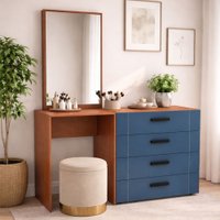 Cômoda Lisboa 4 Gavetas com Espelho Azul/Freijó - Politorno