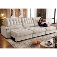 Sofá Retrátil e Reclinável 3,95m Arena com Molas Ensacadas e Carregador USB-C Boucle Bege Claro Cama inBox