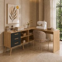 Mesa de Costura em L com 3 Gavetas e 4 Nichos para Artesanato e Ateliê Multimóveis MP6106 Madeirado/Preto