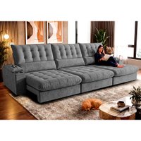 Sofá Retrátil e Reclinável 3,95m Arena com Molas Ensacadas e Carregador USB-C Boucle Cinza Escuro Cama inBox