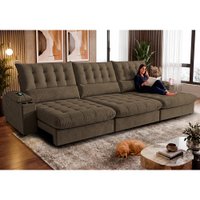 Sofá Retrátil e Reclinável 4,25m Arena com Molas Ensacadas e Carregador USB-C Boucle Marrom Cama inBox