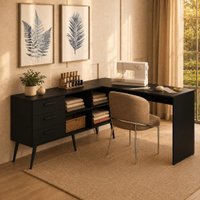 Mesa de Costura em L com 3 Gavetas e 4 Nichos para Artesanato e Ateliê Multimóveis MP6106 Preto