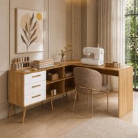 Mesa de Costura em L com 3 Gavetas e 4 Nichos para Artesanato e Ateliê Multimóveis MP6106 Madeirado/Branco