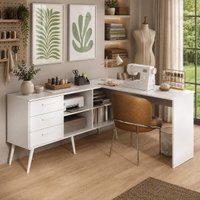 Mesa de Costura em L com 3 Gavetas e 4 Nichos para Artesanato e Ateliê Multimóveis MP6106 Branco