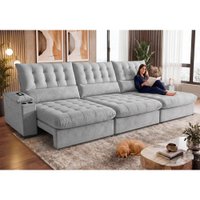 Sofá Retrátil e Reclinável 4,25m Arena com Molas Ensacadas e Carregador USB-C Boucle Cinza Claro Cama inBox