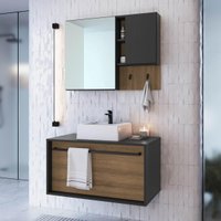 Conjunto Banheiro Gabinete com Cuba e Espelheira Toalheiro 80cm Suspenso Multimóveis CRPRO-CON037 Mel/Grafite