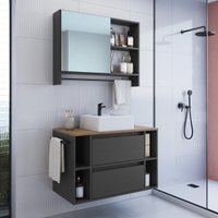 Conjunto Banheiro Gabinete com Cuba e Espelheira Toalheiro 80cm Suspenso Multimóveis CRPRO-CON033 Mel/Grafite
