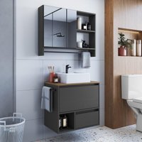 Conjunto Banheiro Gabinete com Cuba e Espelheira Toalheiro 80cm Suspenso Multimóveis CRPRO-CON035 Mel/Grafite