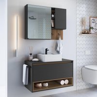Conjunto Banheiro Gabinete com Cuba e Espelheira Toalheiro 80cm Suspenso Multimóveis CRPRO-CON034 Mel/Grafite
