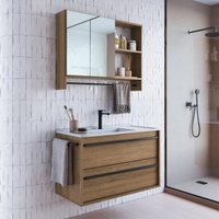 Conjunto Banheiro Gabinete com Pia e Espelheira Toalheiro 80cm Suspenso Multimóveis CRPRO-CON038 Mel