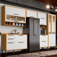 Armário de Cozinha Modulada com Balcão e Tampo 12 Portas 4 Gavetas Àgata 100% Mdf Vidro Reflecta Amêndoa/Branco -
