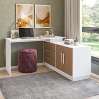 Escrivaninha em L com 2 Portas e 3 Gavetas Multimóveis CRRUI-ESC005 Branco/Madeirado