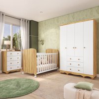 Quarto de Bebê Completo Junior Uli de 4 Portas 7 Gavetas 100% Mdf Branco Brilho/Amêndoa - Móveis Peroba