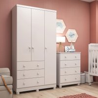 Quarto de Bebê Completo Junior de 3 Portas 7 Gavetas 100% Mdf Branco Brilho - Móveis Peroba