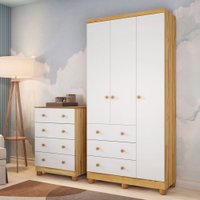 Quarto de Bebê Completo Junior com 3 Portas 7 Gavetas 100% Mdf Branco Brilho/Amêndoa - Movéis Peroba
