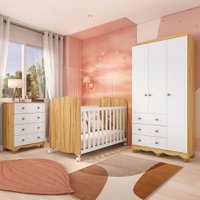 Quarto de Bebê Completo Junior Uli 3 Portas e 7 Gavetas 100% Mdf Branco Brilho/Amêndoa Móveis Peroba