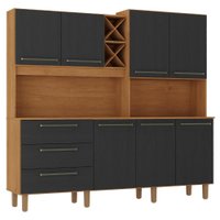 Kit Cozinha 7 Portas 3 Gavetas 208 cm Atria Cinamomo Preto ZANZ