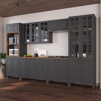 Armário de Cozinha Modulada Completa Fidelitá Nara 100% MDF 6 Peças 350cm 18 Portas 2 Gavetas Com Tampo Chumbo