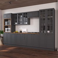Armário de Cozinha Modulada Completa Fidelitá Nara 100% MDF 6 Peças 350cm 18 Portas 2 Gavetas Com Tampo e Rodapé Chumbo