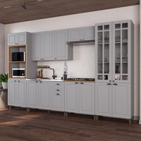 Armário de Cozinha Modulada Completa Fidelitá Nara 100% MDF 6 Peças 350cm 18 Portas 2 Gavetas Sem Tampo Titânio
