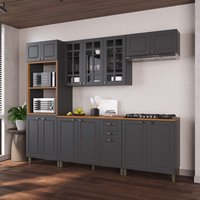 Armário de Cozinha Modulada Completa Fidelitá Nara 100% MDF 5 Peças 270cm 14 Portas 2 Gavetas Com Tampo Chumbo