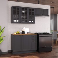 Armário de Cozinha Modulada Compacta Fidelitá Nara 100% MDF 3 Peças 200cm 8 Portas 2 Gavetas Com Tampo e Rodapé Chumbo