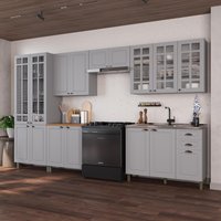 Armário de Cozinha Modulada Completa Fidelitá Nara 100% MDF 6 Peças 360cm 16 Portas 2 Gavetas Sem Tampo Titânio