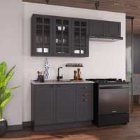 Armário de Cozinha Modulada Compacta Fidelitá Nara 100% MDF 3 Peças 200cm 8 Portas 2 Gavetas Sem Tampo e Rodapé Chumbo