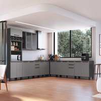 Armário de Cozinha Modulada Completa de Canto Fidelitá Mônaco 7 Peças 566cm 15 Portas 6 Gavetas Com Tampo Chumbo/Titânio