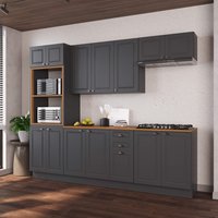 Armário de Cozinha Modulada Completa Fidelitá Nara 100% MDF 5 Peças 270cm 14 Portas 2 Gavetas Com Tampo Rodapé Chumbo