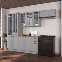 Armário Cozinha Modulada Compacta Fidelitá Nara 100% MDF 4 Peças 280cm 12 Portas 2 Gavetas Com Tampo e Rodapé Titânio