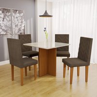 Conjunto Sala de Jantar Mesa Tampo de Vidro Fidelitá Barcelona Com 4 Cadeiras Freijó/Off-White Assento Cacau