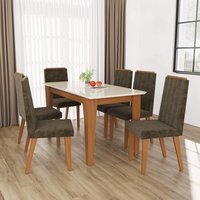 Conjunto Sala de Jantar Mesa Tampo de Vidro Fidelitá Génova Com 6 Cadeiras Freijó/Off-White Assento Capuccino