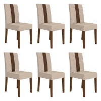 Kit 6 Cadeiras de Jantar Linea Suede Bege Base Amêndoa