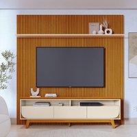 Kit Luna Painel Piso-Teto Ripado com Bancada 3 Gavetas Telescópicas - Pallazio Cor:Cinamomo e Off White
