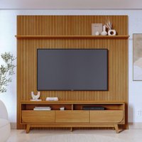 Kit Luna Painel Piso-Teto Ripado com Bancada 3 Gavetas Telescópicas - Pallazio Cor:Cumaru