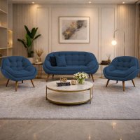 Kit Namoradeira e 2 Poltronas Chicago Veludo Pés Palito - Pallazio Cor:Azul Marinho