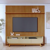 Kit Luna Painel Piso-Teto Ripado com Bancada 3 Gavetas Telescópicas - Pallazio Cor:Cumaru e Opala
