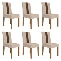 Kit 6 Cadeiras de Jantar Linea Suede Bege Base Carvalho