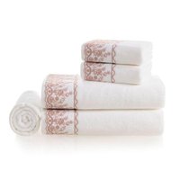 Jogo de Banho 5 Peças Fio Penteado Bordado Antônia Branco Rosa Karsten