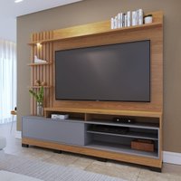 Rack com Painel para TV até 65 Polegadas com 1 Porta e LED Multimóveis CRCOL-RCP023 Madeirado/Cinza
