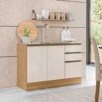 Balcão de Cozinha para Pia 120 Cm Rubi 3 Portas 2 Gavetas com Rodapé Carvalho Oak/Off White - Pnr Móveis
