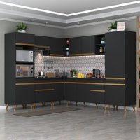Cozinha Completa Compacta Armário Canto FL2046 Veneza Multi Preto/Dourado