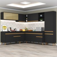 Cozinha Completa Compacta Armário Canto FL2065 Veneza Multi Preto/Dourado
