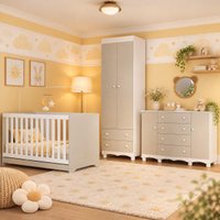 Quarto de Bebê Completo com Berço Americano 3 em 1 p/Colchão 130x70cm Flor Multimóveis MP4936 Branco/Off White