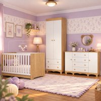 Quarto de Bebê Completo com Berço Americano 3 em 1 e Colchão Incluso Flor Multimóveis MP4944 Madeirado/Branco