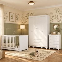 Quarto de Bebê Completo com Berço Americano 3 em 1 e Colchão Incluso Flor Multimóveis MP4946 Branco